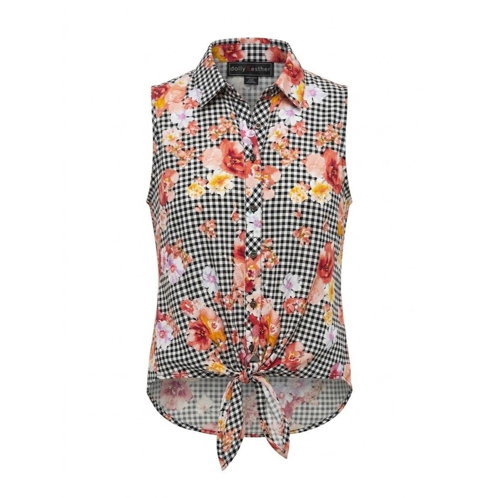 Polly & Esther Sleeveless Tie Front Blouse Top Womens M Floral Gingham Rayon
